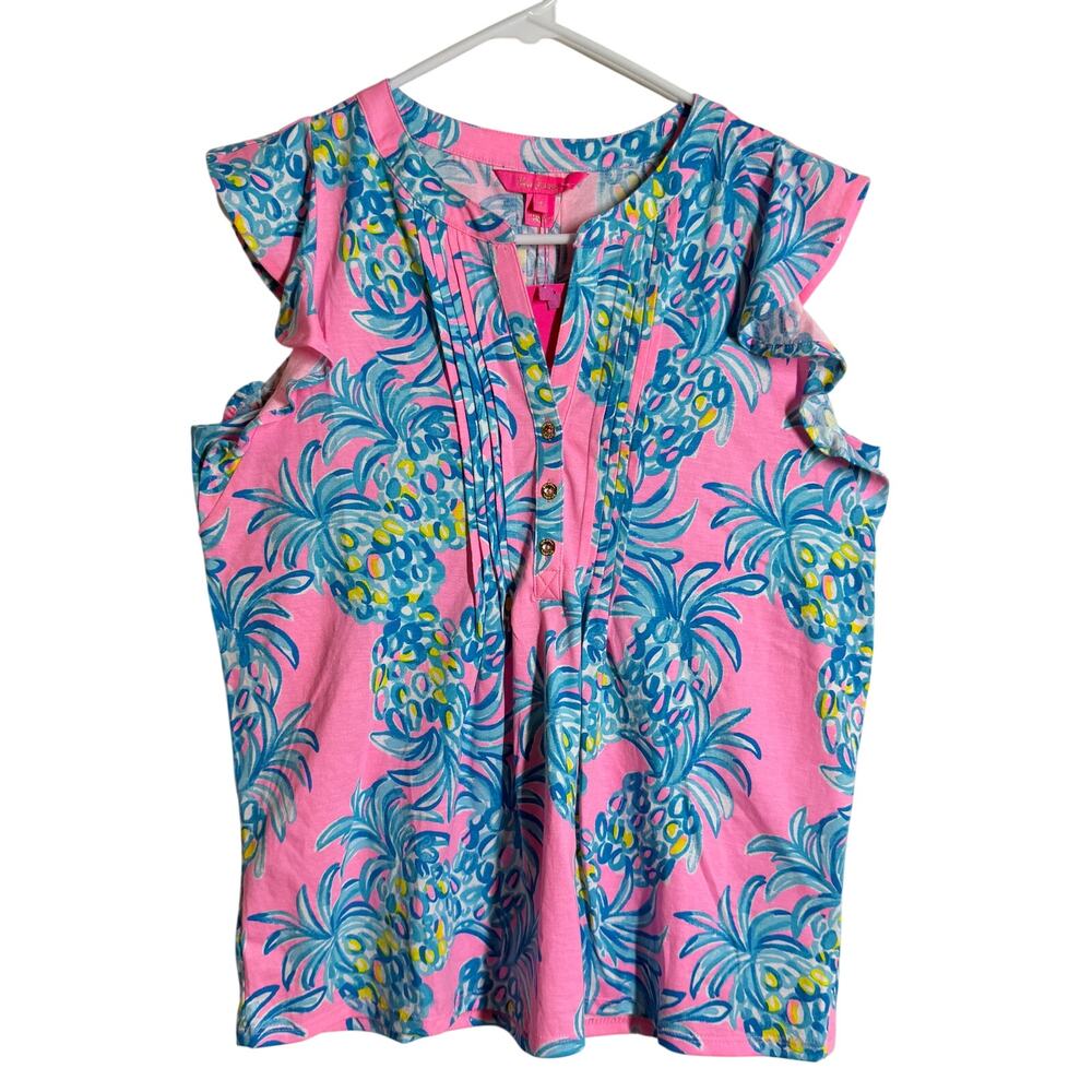 NWT Lilly Pulitzer Cotton Sleeveless Ruffle Top Pink blue Pineapple Print Size S
